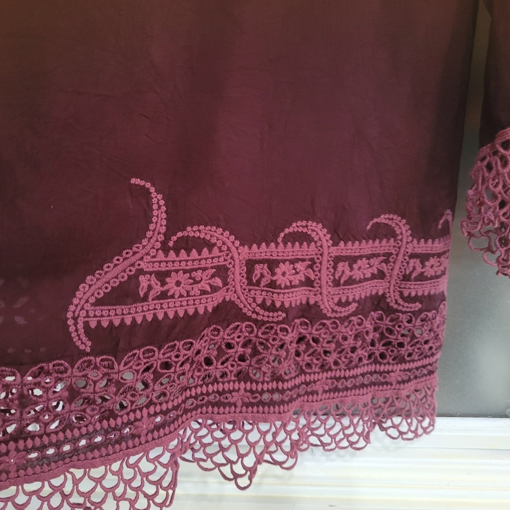 Johnny Was Embroidered V-Neck Top - Burgundy - Picture 12 of 14